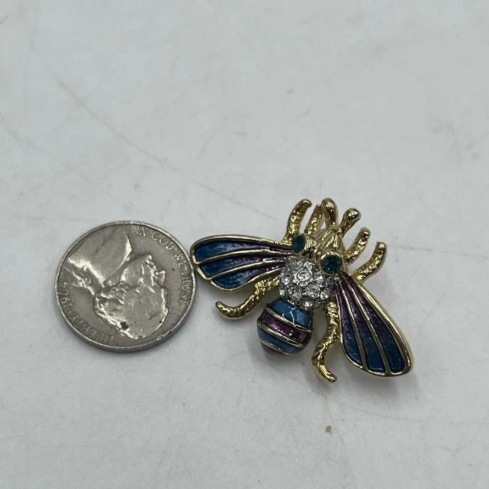 Bumble Bee Multicolor‎ Blue Purple Enamel Gold Tone Brooch